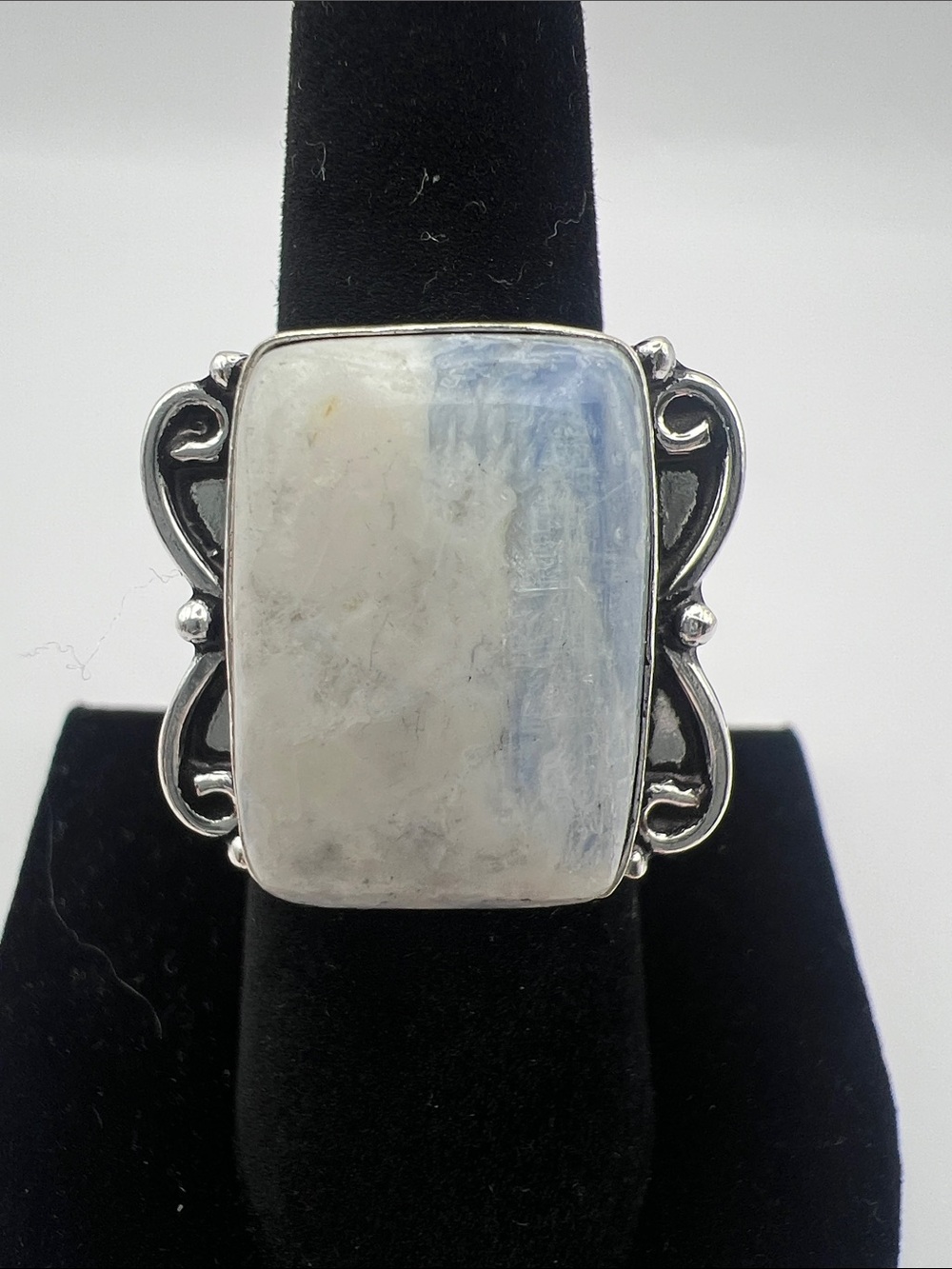 Rainbow Moonstone Statement Ring in White and Light Blue Size 7